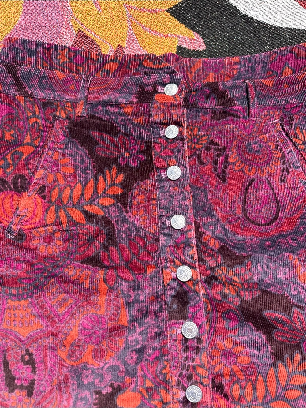 Pilcro Anthropologie Purple Paisley Corduroy Button-Front Mini Skirt - Picture 2 of 7